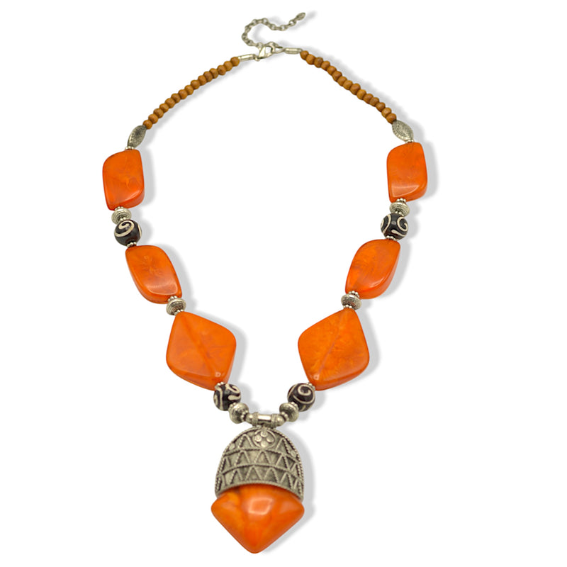 Orange Black and wood beads with Silver Pendant Necklace