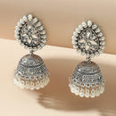 Silver pearl and crystal tassel Jhumka Earrings