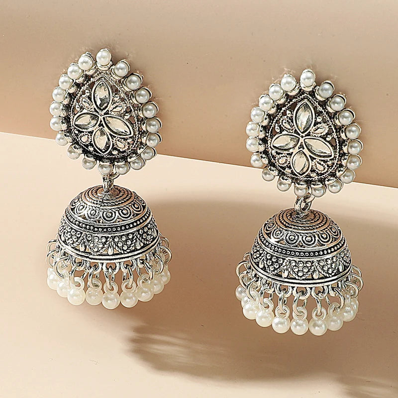 Silver pearl and crystal tassel Jhumka Earrings