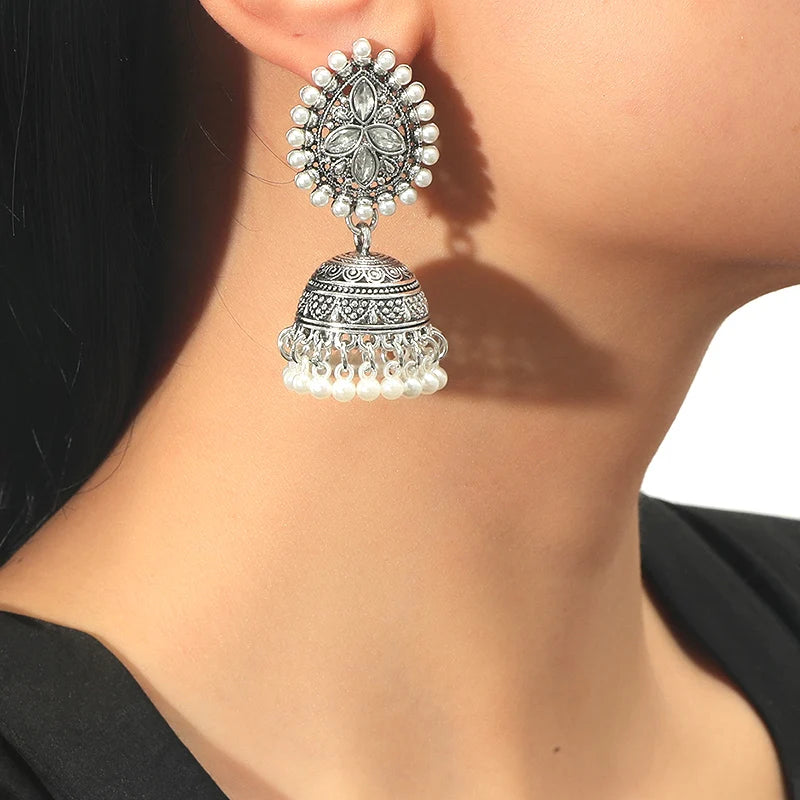 Silver pearl and crystal tassel Jhumka Earrings