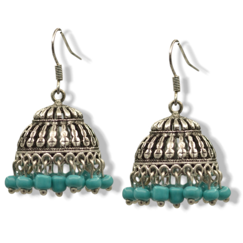 Silver and Turquoise Seed bead Jhumka Tassel earrings