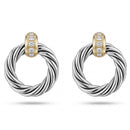Two-Tone Twisted Cable & Crystal Pave Hoop Stud Earring 1" inch