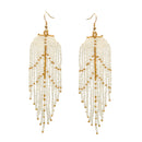 White and Gold Bohemian Seed Bead Long Tassel Earrings