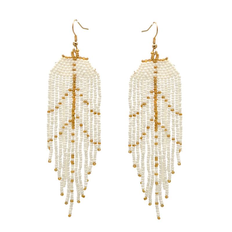 White and Gold Bohemian Seed Bead Long Tassel Earrings