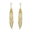 White And Gold Bohemian Seed Bead 6" Long Tassel Earrings