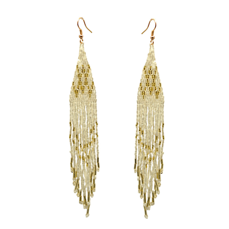 White And Gold Bohemian Seed Bead 6" Long Tassel Earrings