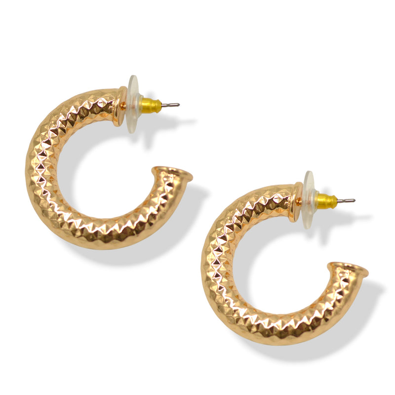 Textured Gold Tone Huggie Hoop Earrings with Post Back (1.25")