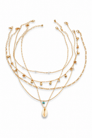 Boho 5-Piece Layered Shell Necklace Set for Women – Gold Tone Faux Pearl & Shell Charm Necklace, 18" with 3" Extender