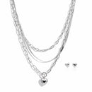 22" shiney Silver Triple-Layered Necklace and Heart Stud Earring Set – Chunky Link & Herringbone Chains with 3" Extender