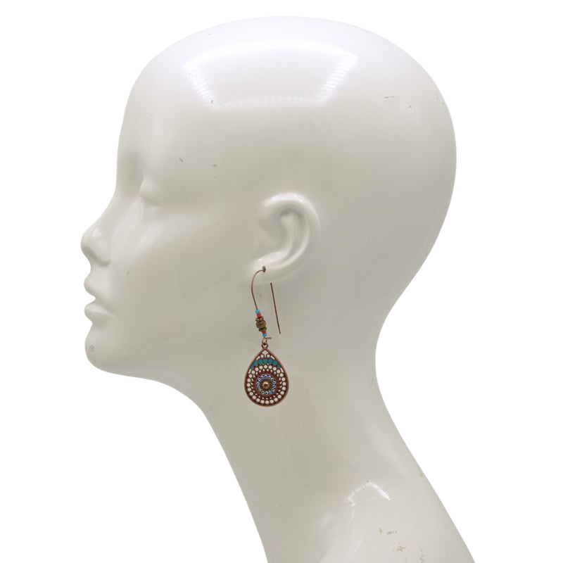 Boho Teardrop Dangle Earrings – Antique Gold with Beaded Accents 2.7"