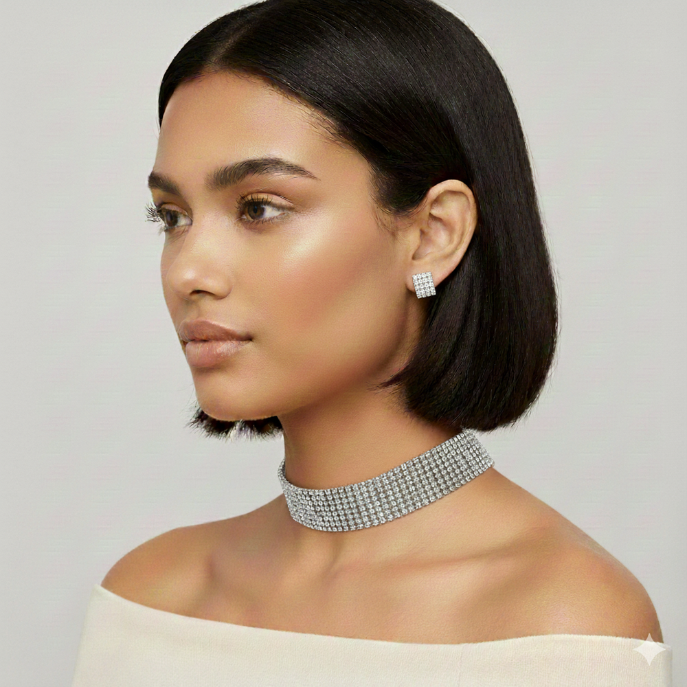 Six-Row Rhinestone Crystal Choker Necklace Gold ✨ or Silver