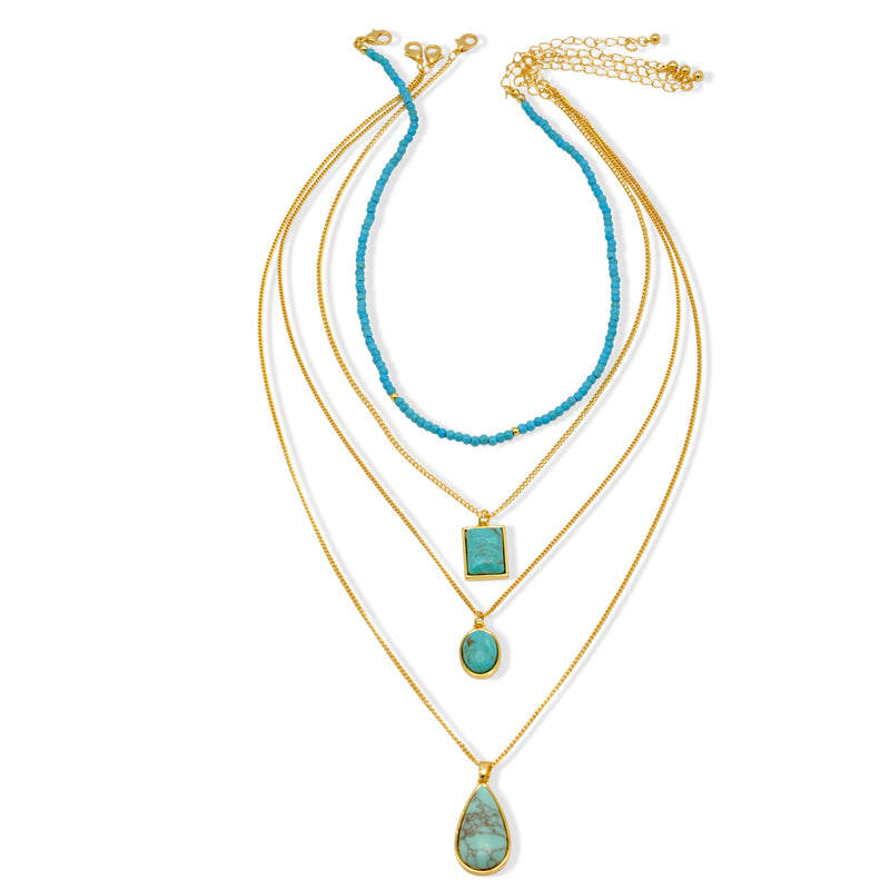 Multi-Layer Turquoise & Gold Pendant Necklace Set 26"