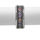 2.8" Bohemian Silver Cuff Bracelet with Colorful Paisley Embroidery – Artisanal Tribal Style Open Bangle