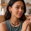 Women's Boho Multi-Strand Beaded Disc Pendant Necklace & Drop Earring Set | Layered Wooden-Style Concentric Circle Statement Jewelry Set