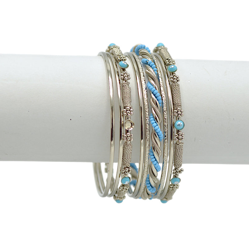 Silver Turquoise 9-Piece Bangle Bracelet Set – Classic Stacked Bangles For Women