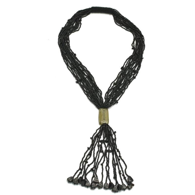 Black Multi Layered Seed Beads Tassel Long Necklace