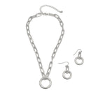 SILVER RECTANGLE LINK CHAIN AND ROUND PENDANT NECKLACE AND EARRINGS SET
