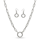 SILVER RECTANGLE LINK CHAIN AND ROUND PENDANT NECKLACE AND EARRINGS SET