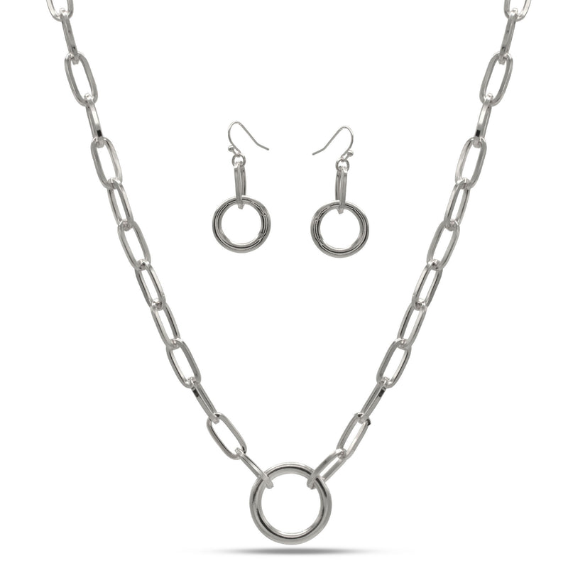 SILVER RECTANGLE LINK CHAIN AND ROUND PENDANT NECKLACE AND EARRINGS SET