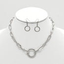 SILVER RECTANGLE LINK CHAIN AND ROUND PENDANT NECKLACE AND EARRINGS SET