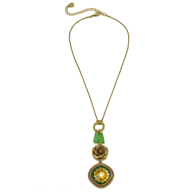 Antique Gold Flower and Green Square Faceted Pendant Necklaces