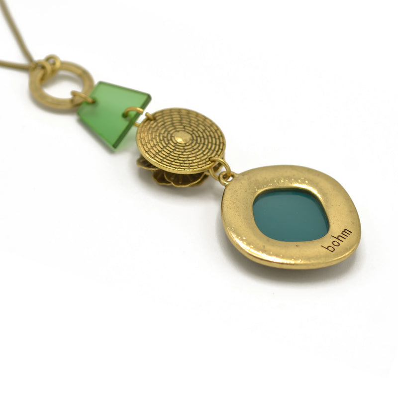 Antique Gold Flower and Green Square Faceted Pendant Necklaces