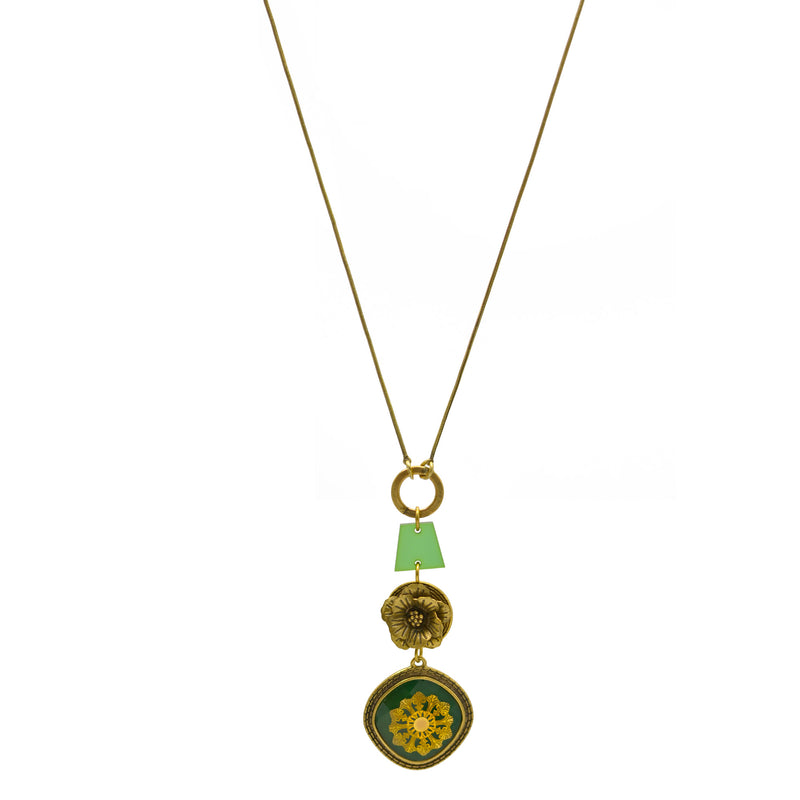 Antique Gold Flower and Green Square Faceted Pendant Necklaces