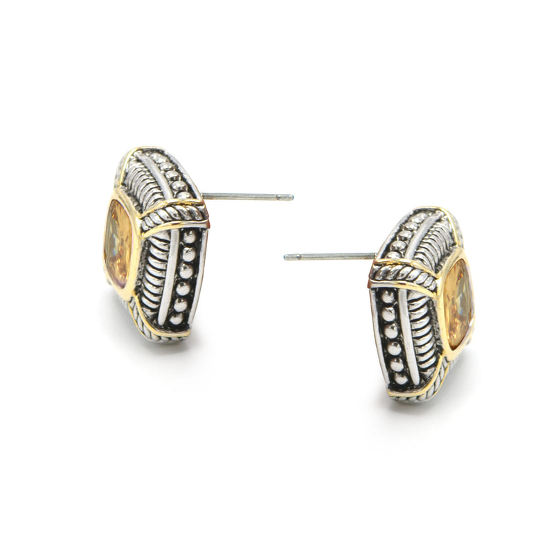 TWO TONE CHAMPAGNE CRYSTAL SQUARE EARRINGS SET