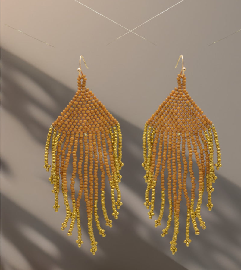 mustard yellow seed bead tassel earrings