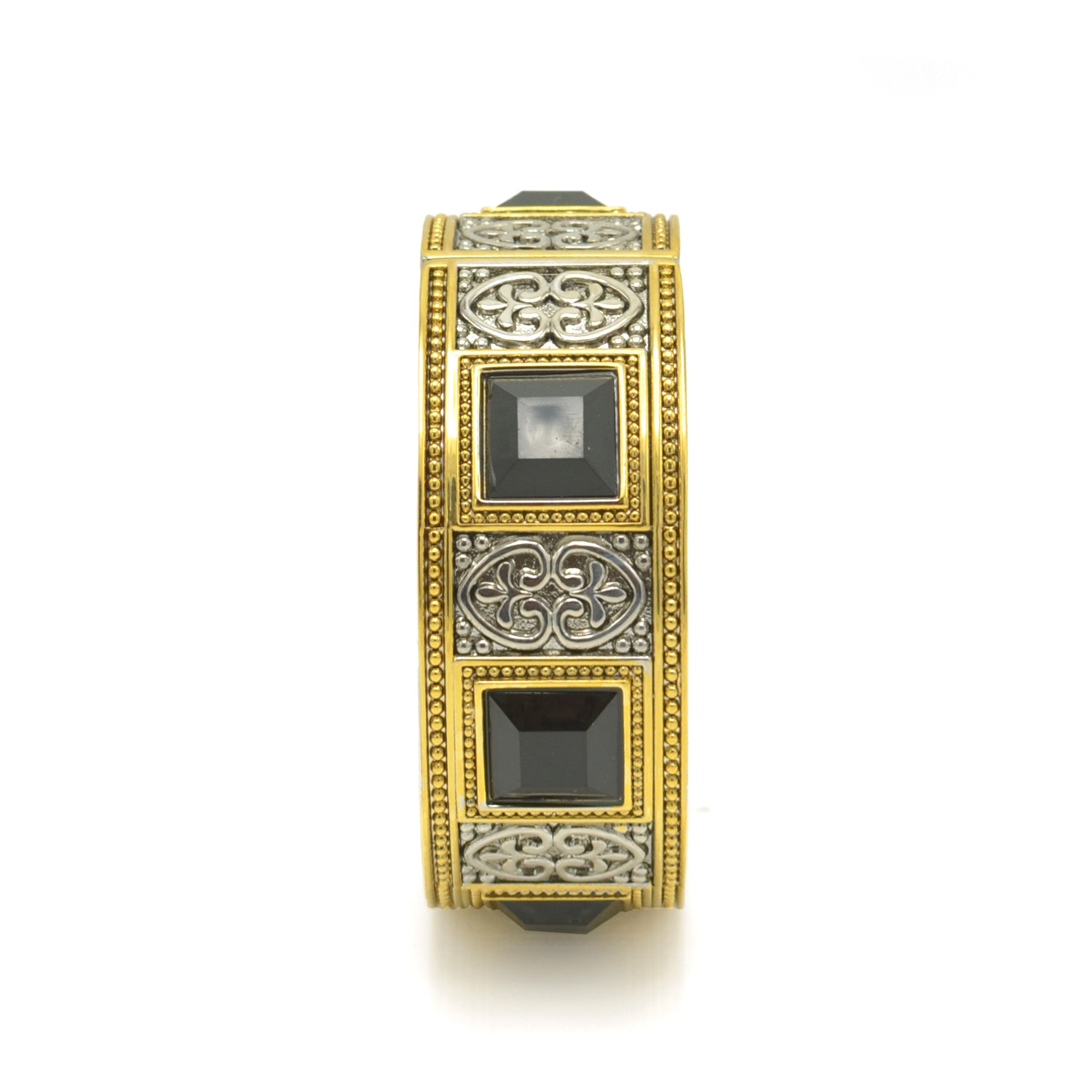 VINTAGE オールド オーバレイピーナッツスタッズ ハラコ ブラックストーン TWO-TONE SIVER AND GOLD OXIDIZED PALTED BLACK FACETED STONE