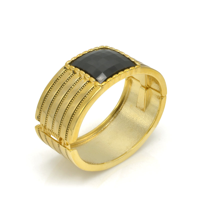 GOLD PALTED SQUARE BLACK FACETED STONE HINGED BRACELET