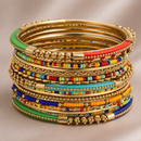 Indian Style 16-Piece Multicolor Gold Tone Bangle Bracelet Set – 2.6" Diameter | Boho Ethnic Stackable Bangles for Women
