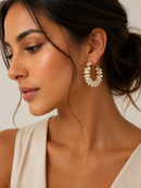 Gold Cream Pearl Wrapped Hoop Earrings