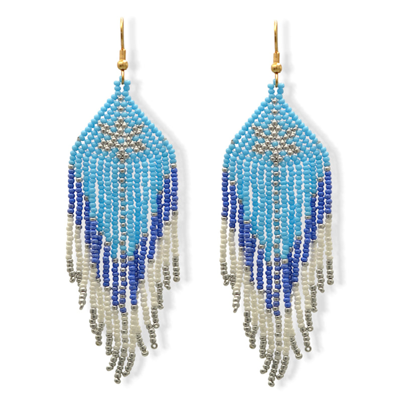 Blue White and Grey Bohemian Seed Bead Tassel Earrings