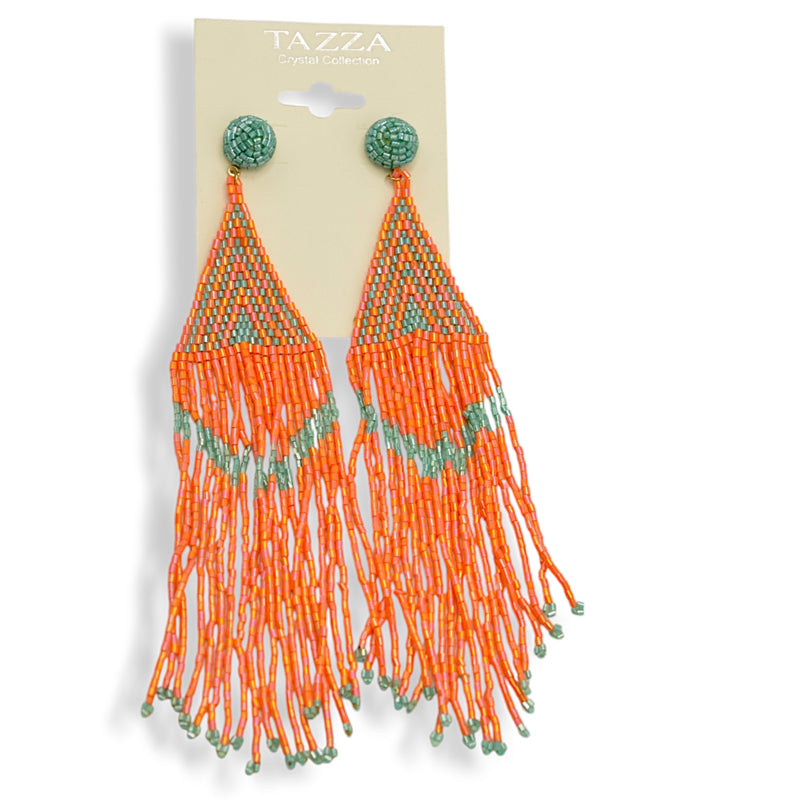 Orange and Turquoise Triangle Bohemian Seed Bead Long Tassel Earrings