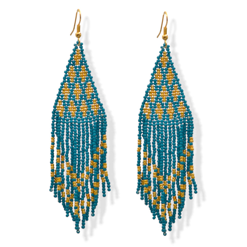 Blue and Gold Triangle Bohemian Seed Bead Long Tassel Earrings