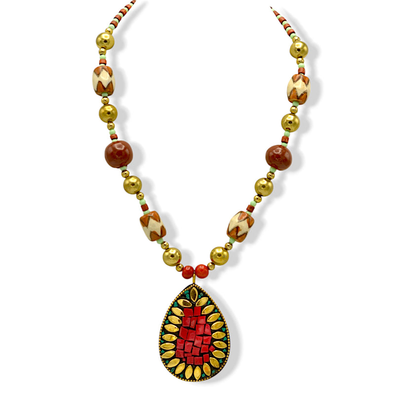 Brown Turquoise And Gold Beads Teardrop Coral And Gold Pendant Necklace