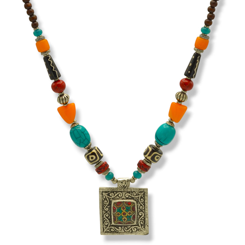 Multi-colored beads and square silver Pendant necklace