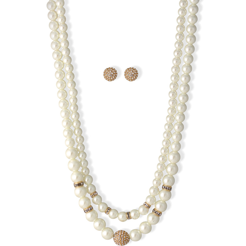 Cream Pearl And Gold Crystal Pave Ball Necklace And earrings Set