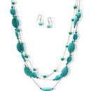 Rhodium Tone Metal Oval and Round Turquoise Beads Layer Necklace and Earrings Set