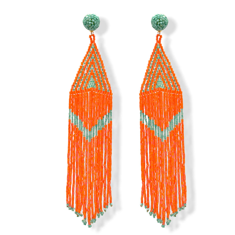 Orange and Turquoise Triangle Bohemian Seed Bead Long Tassel Earrings