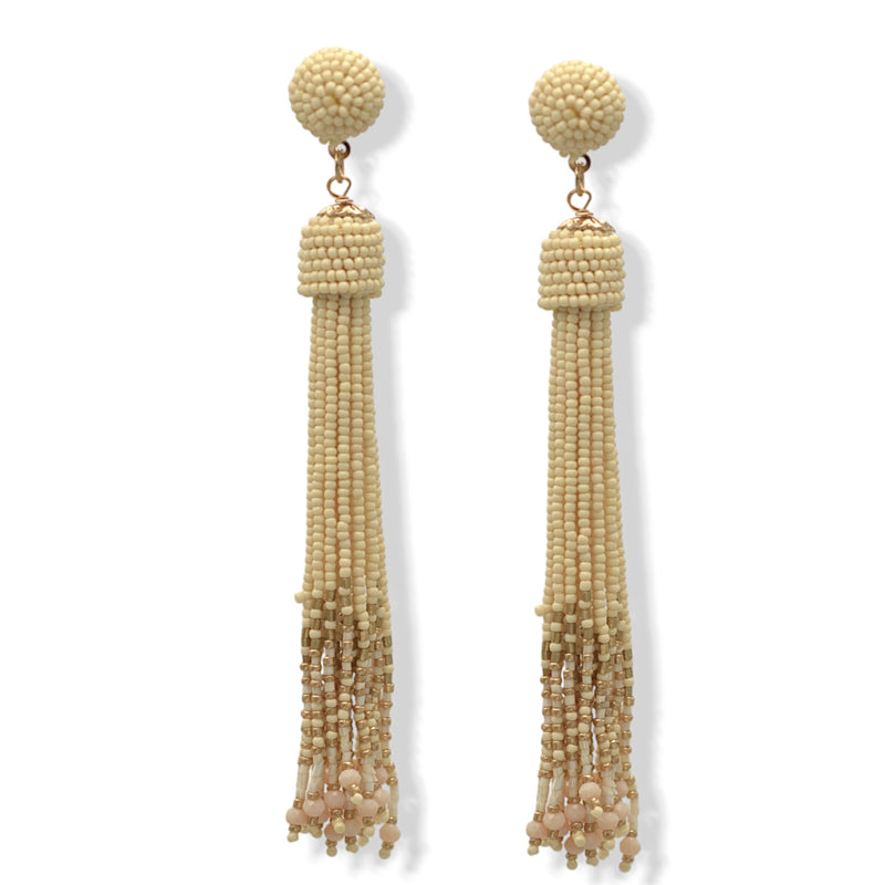 Ivory and Gold Bohemian Seed Bead Long Tassel Earrings