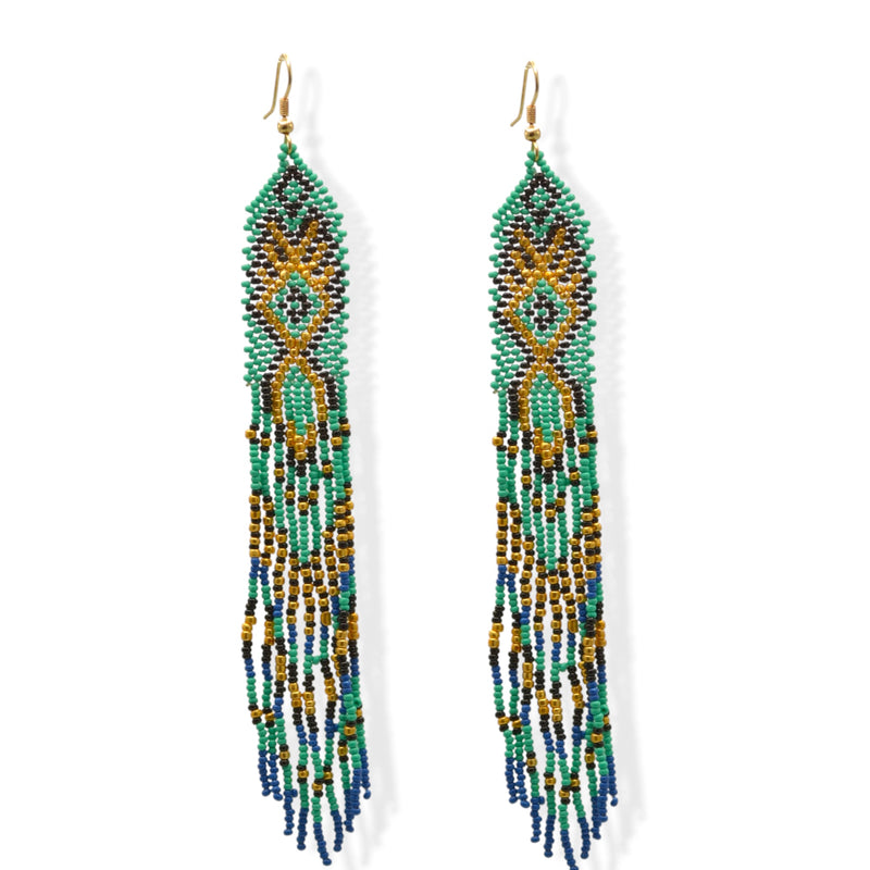 Turquoise, Black, Blue, and Gold Bohemian Seed Bead Long Tassel Earrings