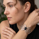 Tazza Women's Silver-Tone Openwork Filigree Scroll Hinged Cuff Bracelet with Black Oval Stones