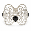 Tazza Women's Silver-Tone Openwork Filigree Scroll Hinged Cuff Bracelet with Black Oval Stones