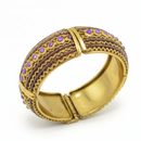 Vintage Style Gold Cuff Bracelet with Fuchsia Beads & Crystal Accents – Statement Hinged Bangle