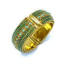 Vintage Style Gold Cuff Bracelet with Turquoise Beads & Crystal Accents – Statement Hinged Bangle