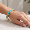 Gold & Turquoise Square Enamel Bangle Bracelet – 2.4" Diameter (Hinged Closure)