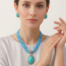 Turquoise Blue Multi-Strand Pendant Necklace & Matching Earrings Set – Silver Tone Statement Jewelry