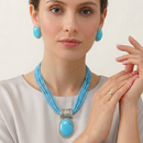 Sky Blue Turquoise Multi-Strand Pendant Necklace & Matching Earrings Set – Silver Tone Statement Jewelry